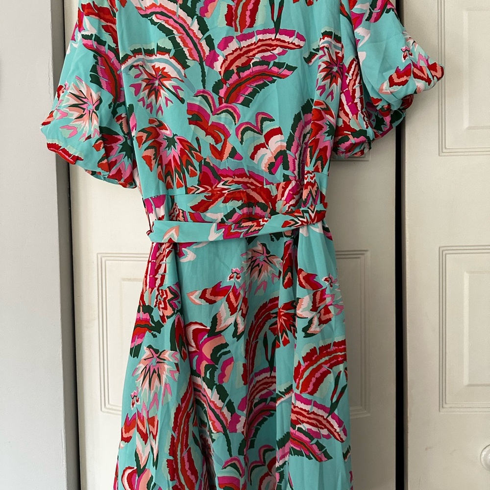 Tropical Print Midi Dress in Teal and Pink
